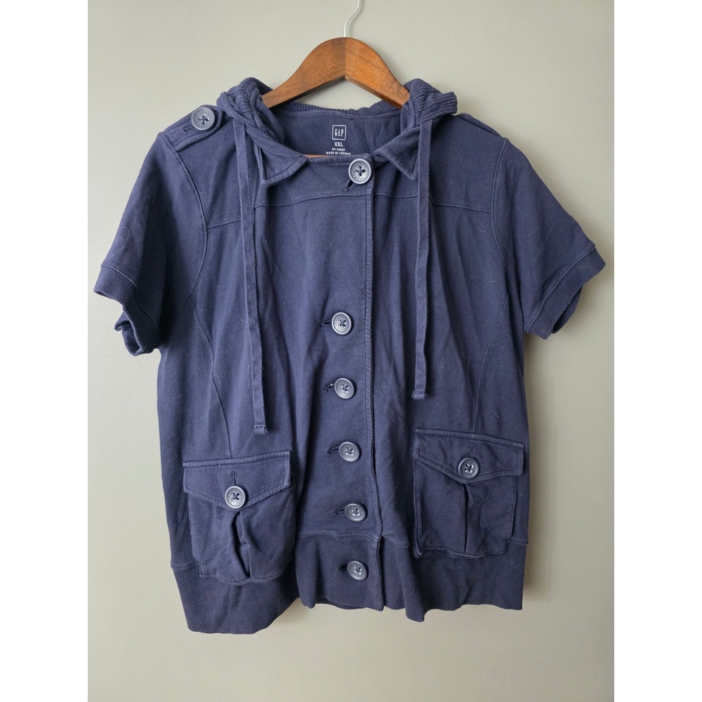 Gap Womens XXL Navy Blue Short Sleeve Button Front Hoodie Cargo Pockets RN54023